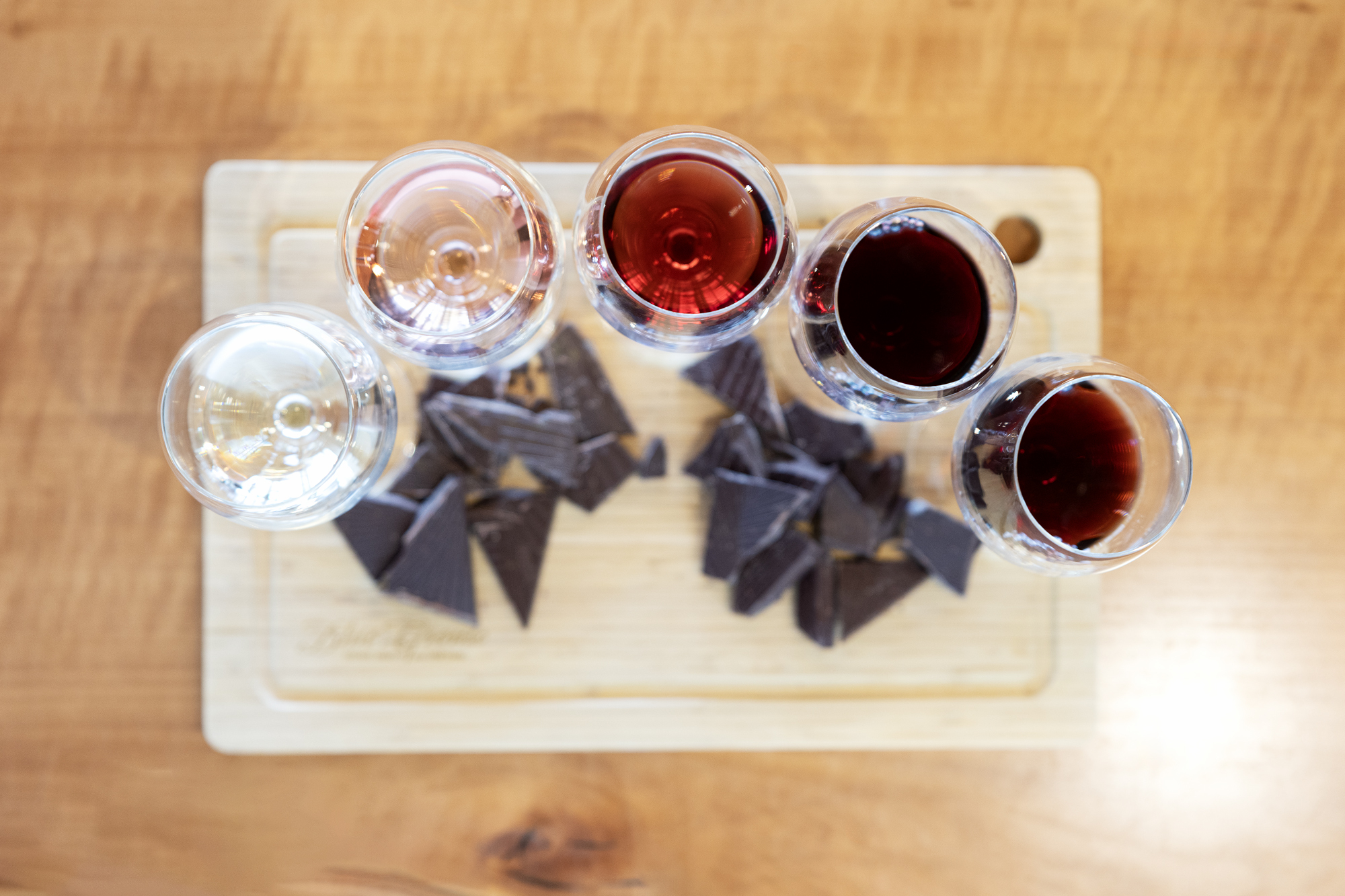 An assortment of wines with chocolate